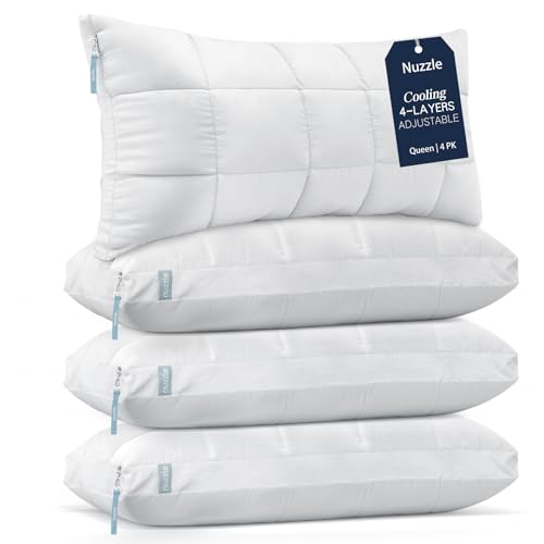 Image of Nuzzle Pillows Queen Size Set of 4 Cooling Adjustable Pillows for Side Sleepers, Luxury Hotel Collection Bed Pillows - Best Adjust Height Soft Firm Pillows for Back, Stomach and Side Sleepers