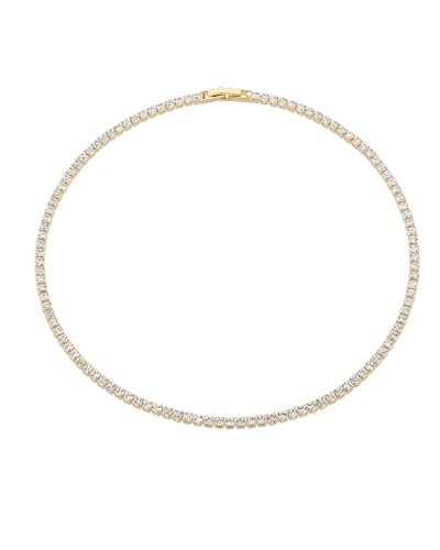 18K Gold Plated Simple Statement Cubic Zirconia Created Rhinestone Tennis Choker Necklace, Wedding Tennis Chain Jewelry for Women Gifts.