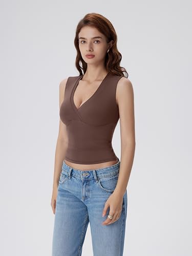 Image of SUUKSESS Women Built in Bra V Neck Tank Tops Double Lined Summer Going Out Camisole Tops