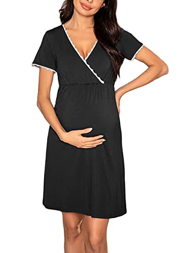 Tomwell Femme Robe Maternité Nuisette Grossesse Chemise de Nuit Femme Enceinte Bretelle Robe de Nuit Chambre Eté Robe Allaitement en sans Manche Pyjama Sleepwear B Noir M