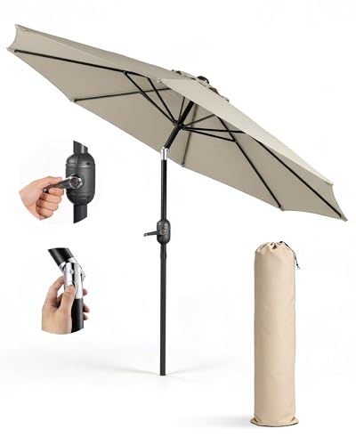 KEPLIN 2.3m Tilting Parasol Crank & Tilt Outdoor Umbrella with Protective Cover 180gsm UPF 50+ Polyester Canopy Steel Frame for Patio Garden & Balcony