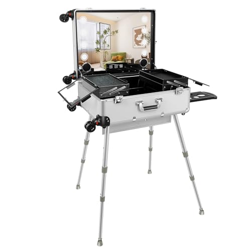 FAHKNS 24'' Aluminum Trolley Makeup Train Case with LED Light Professional Cosmetic Make up Cosmetic Organizer Studio
