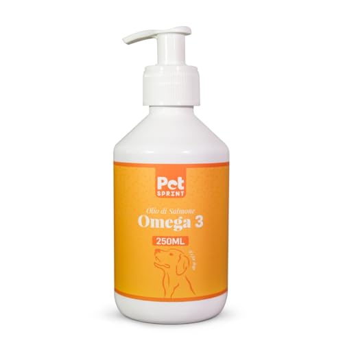 Pet Sprint - Olio di Salmone per Cani Premium, 250ml, Marca Italiana, 100% Naturale - Puro Olio di Pesce Fonte di Omega 3 6 9 per Pelo, Sistema Immunitario, Prurito, Articolazioni, Cervello