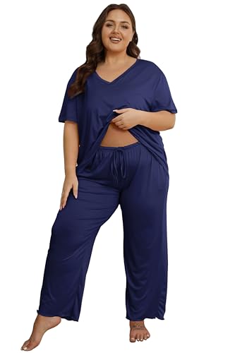 Image of Vozanet Women's Plus Size Pajama Sets Short Sleeve Long Pants Solid Color with Piping Trim Elegant Loungewear Cozy Sleepwear