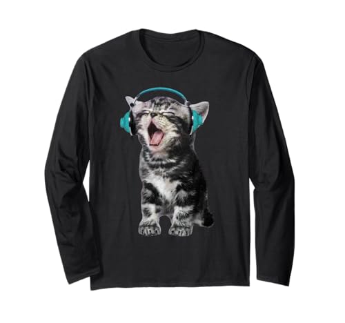 Cute Headphones Cat Meme Funny Y2K Grunge Silly Graphic Gift Long Sleeve T-Shirt