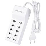 Chargeur USB 10 ports pour plusieurs appareils – Ce chargeur USB multiple dispose de 10 ports (8×5V/2.4A + 2×5V/1A) avec une puissance totale jusqu’à 50W. Idéal comme station de charge multi appareils pour recharger smartphones, tablettes et powerbanks simultanément à la maison, au bureau ou en voyage.