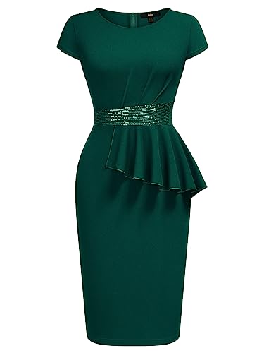 Knitee Women's Vintage Ruffle Peplum Sequin Glitter Belt Work Business Office Bodycon Cocktail Dress