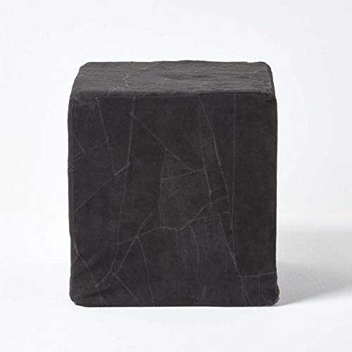 HOMESCAPES Black Leather Suede Cube Pouffe - 36 x 36 x 38 cm