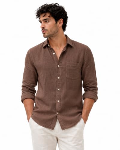 Men's White Linen Shirt, Long Sleeve Button-Down with Coffee Brown - Image 2
