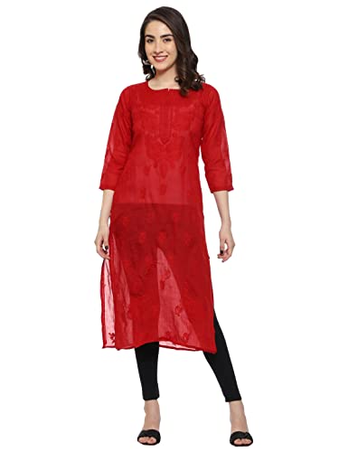 Image of Ada Hand Embroidered Lucknowi Chikankari Cotton Kurta for Women A133488 | Handcrafted lucknow chikan embroidery latest womens ethnic wear kurti tunic for office work wear