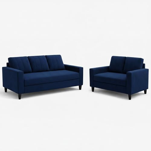 Image of Hendrick Plush Velvet 3 Seater + 2 Seater Sofa Set | Silken Velvet Suede Upholstery | Designer Sofa Set for Living Room & Office Spaces (Dark Blue)