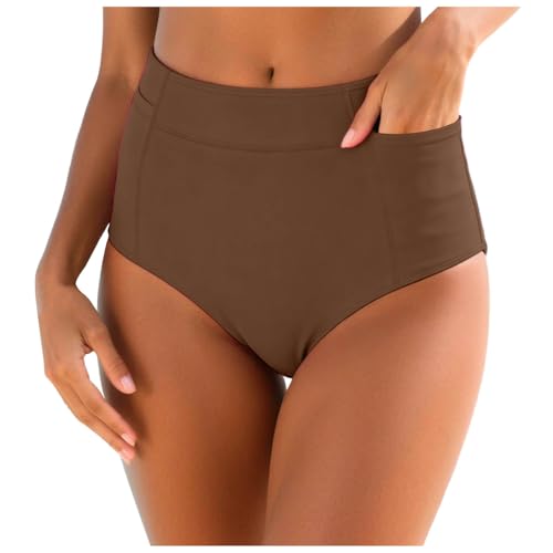 Women's Bikini Bottoms with High Side Pockets Hip Lifting Swimming Trunks for Water Sports Swimsuit high-Waisted Bottom Bikini Swim Bottoms Summer Bathing Suit Swimwear Briefs Brown