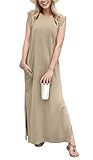 GRECERELLE Women's Summer Crew Neck Loose Split Casual Long Maxi Beach Dress with Pockets (Small, Khaki)