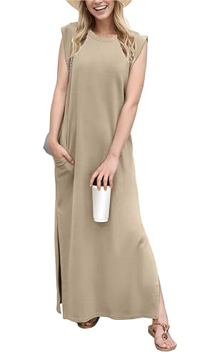 Image of GRECERELLE 2026 Women Year-Round Casual Round Neck Loose Split Wrinkle-Free Long Maxi Vacation Dress with Pockets (XXS-4XL)