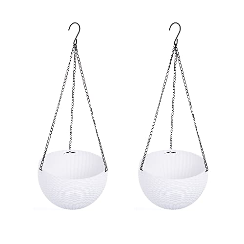 Maceta de plástico de ratán para colgar en el jardín, de resina, para plantas de interior y exterior, 2 unidades, color blanco