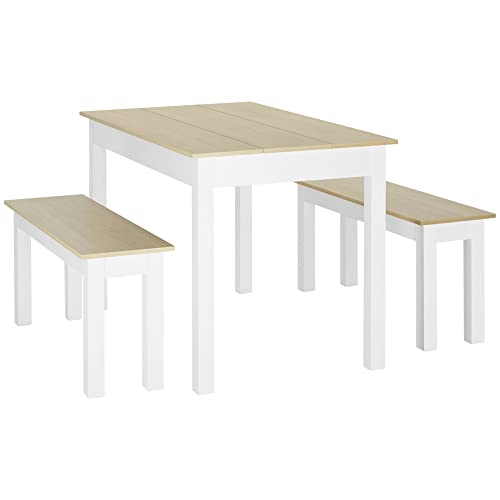 HOMCOM Ensemble Table à Manger 3 pièces avec 2 bancs encastrables pour 4-6 Personnes Style Contemporain pour Cuisine Salle à Manger Salon en Bois chêne et Blanc