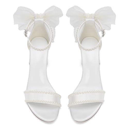 Wedding Block Heel Sandals, Pearl-Trimmed White Satin, Bow Back Detail, Ankle Strap,3 Inches2