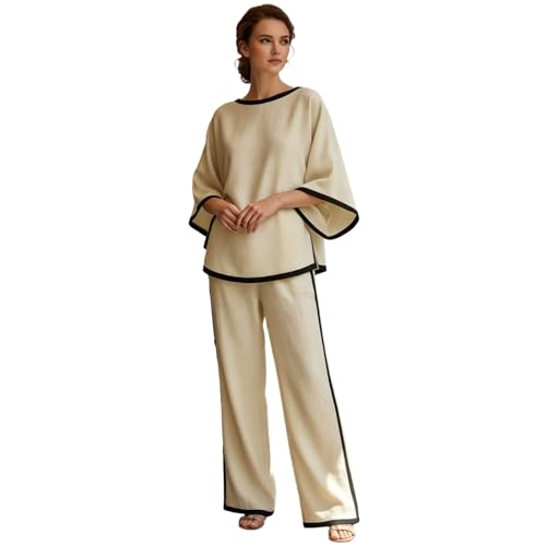 Combinaison en lin femme ensemble d'été 2 pièces haut léger manches longues pantalon droit uni