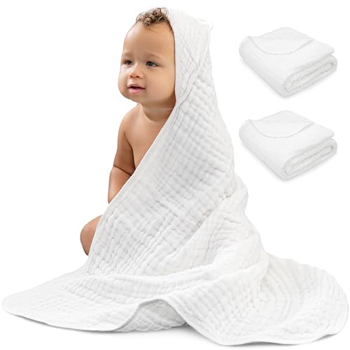 Image of Comfy Cubs 2 Pack Baby Hooded 9 Layer Muslin Cotton Towel for Kids, Large 32” x 32”, Ultra Soft, Warm, and Absorbent. Baby Essentials Bath Towels, Cute Unisex Cover for Girls and Boys (2 Pack, White)
