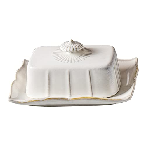 Ceramic Butter Dish with Lid for Countertop Butter Tray with Lid Butter Holder Container with Handle Cover, Decorative Dessert Dish Plate, Dishwasher Safe, White, 1 Set
