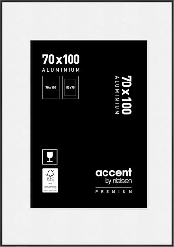 accent by nielsen Premium Bilderrahmen mit Passepartout, 70 x 100 cm, Aluminium, Schwarz Matt, Posterrahmen im Hoch- & Querformat, Echtglas, Accent Premium