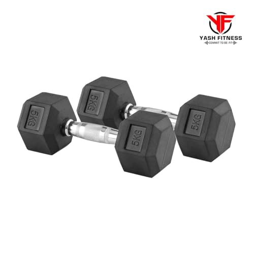 Image of Set Of 2 Rubber Professional Hexa Dumbbells | Fixed Weight Dumbbell | Dumbbells Set For Home Gym & Gym Training | Gym Equipment Dumbbells Set | Durable Dumbbell Set (5 Kg)