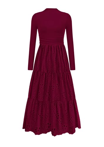 PRETTYGARDEN Long Sleeve Dress for Women 2025 Fall Eyelet Mock Neck A Line Elegant Classy Maxi Wedding Guest Dresses Pockets