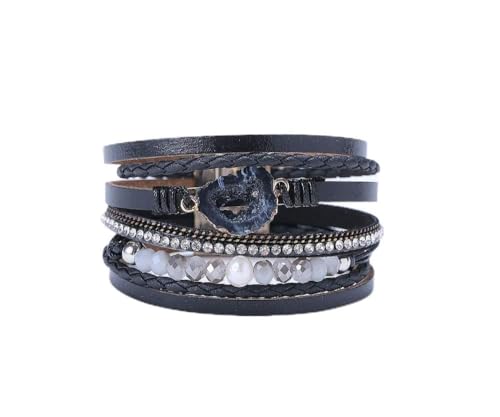 Bracelet en cuir pour femme avec perles de pierre naturelle noire