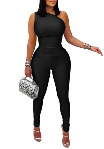 Memoriesea Women's Sexy Jumpsuits One Shoulder Bodycon Rompers One Piece Outfits Black