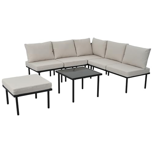 6 Pieces Garden Furniture Sets Corner Sofa, Patio Furniture Sets Garden Lounge Set with Coffee Table&Stool, Seating Group with Cushions, Outdoor Terrace Patio Backyard Furniture, Galvanized Iron,Beige - Image 8