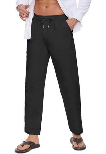 CheChury Pantalon Lino Hombres Verano Casuales Anchos Largos Pantalones Deportivos Color Sólido Pantalon Transpirables Pants Suelto Pantalones de Playa Ajustable Ropa de Hogar con Bolsillos Cordón