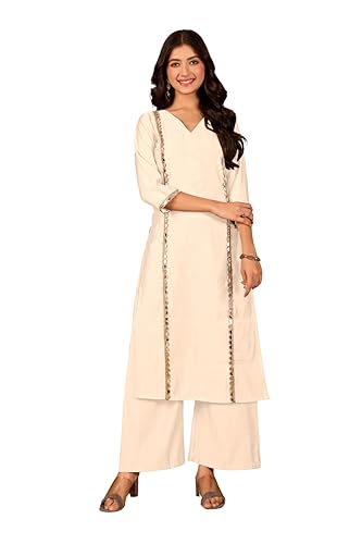 Image of Women Straight-Cut Kurta Pant Set with Subtle Golden Lace Embellishment | Elegant Ethnic Wear for Festive, Office & Casual Use