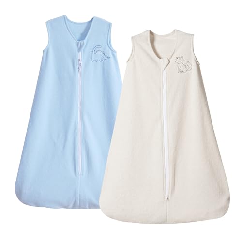 PHF Warm Micro-Fleece Baby Sleep Sack 6-12 Months, Soft Baby Wearable Blanket, 2-Way Zipper Sleeping Bags, 2 Pack Comfy Sleeping Sack for Infant Newborn Boys, Medium Size, Oat Milk & Blue