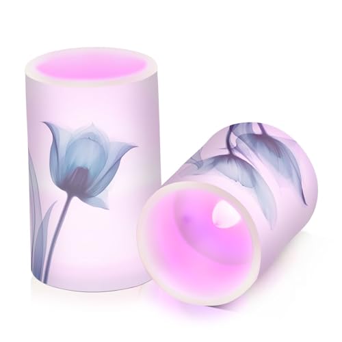 Image of Flickering Flameless Candles, Blue Tulip Flower LED Candles with Remote Timer, Set of 2 Battery Operated Candle for Valentine Wedding Birthday