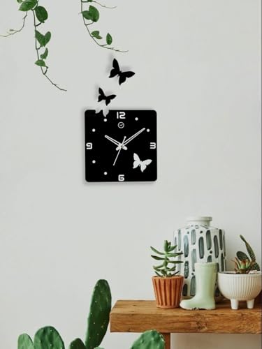 Image of cozyloom Butterfly Theme Square Acrylic Wall Clock | Modern 3D Decorative Wall Clock with Stylish Butterfly Design for Living Room, Bedroom, Office & Home Decor