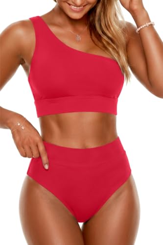 Image of Holipick Women One Shoulder High Waisted Bikini Sets Two Piece Swimsuit Tummy Control Bathing Suit Full Coverage Swimwear