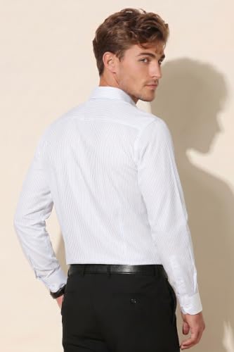 Image of Peter England Men's Regular Fit Full Sleeve Striped Formal Shirt | Cotton Rich | Wonder Fabric | Premium Dobby Weave