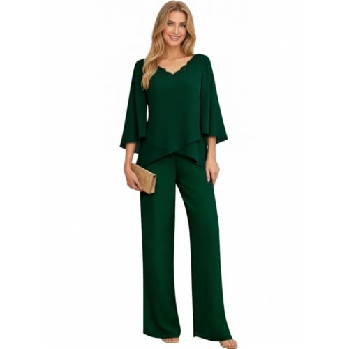 IUYRESX Anzug Damen Hosenanzug Damen Festlich Hochzeit Elegant Chiffon 2 Teiler Spitze Brautmutter Hosenanzüge Rüschen 3/4 Ärmel Formelle Abend Hosen Set Smaragdgrün 48