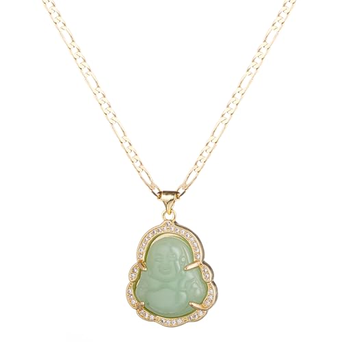 yipima Buddha Pendant Necklace for Women Men 18K Gold Plated Zircon Inlay Multi-color Buddha Head for Protection 3MM Flat Figaro Necklace Chain (length:18 light green)