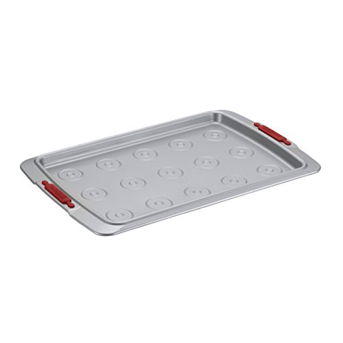 Cake Boss Deluxe Nonstick Bakeware 11-Inch x 17-Inch Cookie Pan with Drop Zones, Gray with Red Silicone Grips