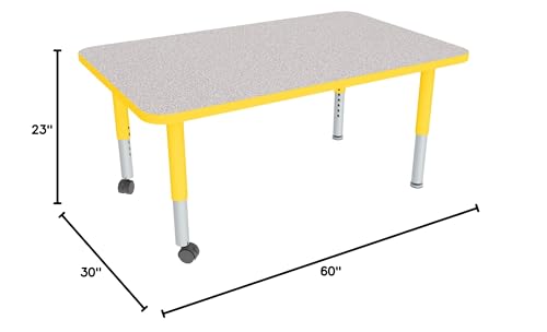 Image of Sprogs Adjustable Height Mobile Classroom Activity Table for Preschools, Rectangle Preschool Activity Table with Casters, 30 inchD x 60 inchW x 23 inchH, Gray /Yellow