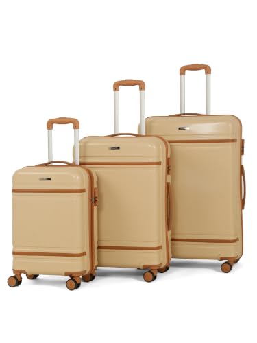 Image of Teakwood Set of 3, 8 Wheels Trolley Bag, Hard Cabin with Zipper Closure, Adjustable Push Button & Cross Side Strap, Number Lock System 360 Degree (Set of 3, Beige)