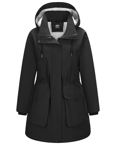 Outdoor Ventures Damen Regenjacke Lange Wintermantel mit Kapuze Frauen Wasserdicht Windbreaker Verdickene Warm Outdoorjacke Funktionsjacke für Wandern Laufen Sporten Schwarz...