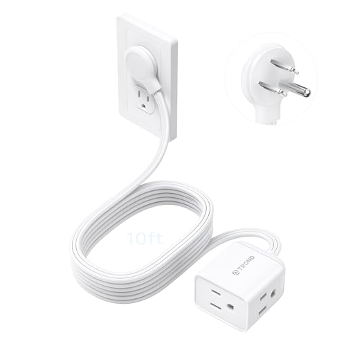 Image of TROND Flat Extension Cord 10ft - Right Angled Flat Plug Power Strip, ETL Listed, 3 Plug Extension Outlets, Three Prong, SPT 16 /3 Gauge Cable, 13 Amps, Compact for Indoor Home Office Kitchen, White