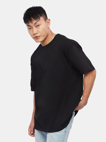 Image of crazymonk Oversized Baggy Fit Drop Shoulder Half Sleeves Round Neck Solid Pure Cotton T-Shirt for Men