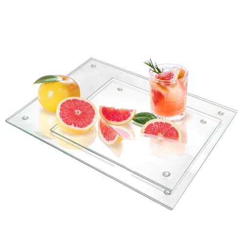 Garvee 2 Pack Tempered Glass Cutting Board with Rubber Feet, Rectangle Non-Slip Chopping Plate, Clear Glass Board for Countertop, Long Lasting Clear T