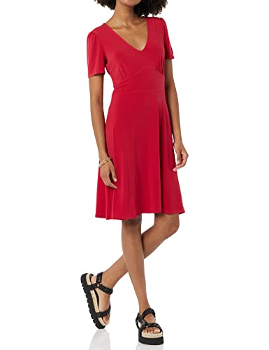 Image of Amazon Essentials Women's Short Sleeve V-Neck Gathered Flattering Fit and Flare Dress