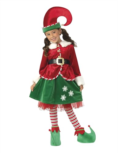 Rubies Disfraz Elfo Girl Deluxe para niñas, Chaqueta con falda, cinturón, gorro, calentadores y cubrezapatos, Elfos navideños, Duendes para Navidad, fiestas, funciones escolares (Talla XS 5-6 años)