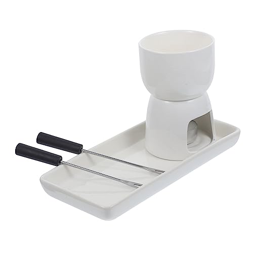 Mikinona 1 Set Ceramic Butter Warmer Fondue Pot Non Electric Chocolate Melting Stove with Tealight Candle for Cheese Caramel Butter Includes Forks and Dishes Kitchen Essential