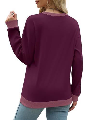 Image of Saloogoe Sweatshirts for Women Crewneck Long Sleeve Loose Fit Tops Color Block Ribbed Trim Fashion 2025